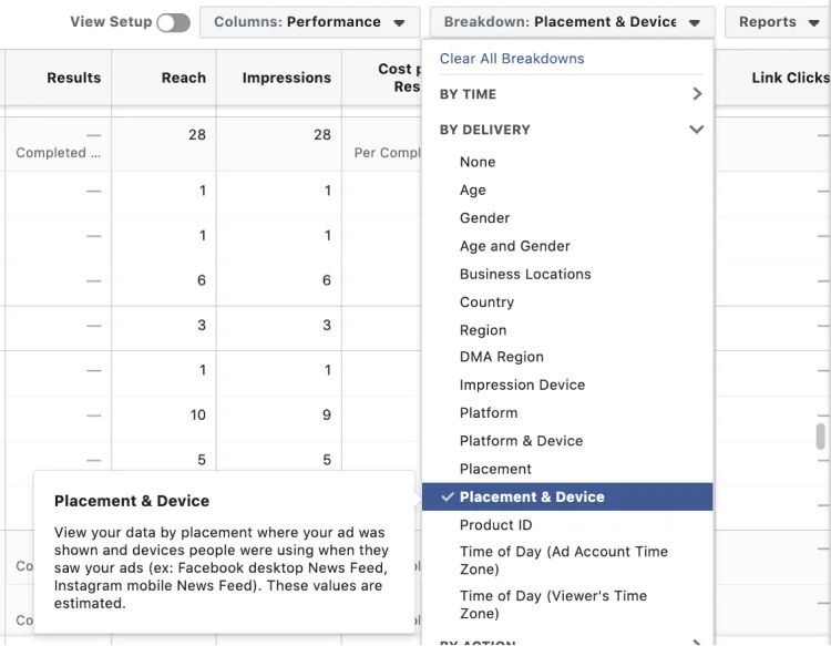 Facebook Ad reporting - Placement & Device