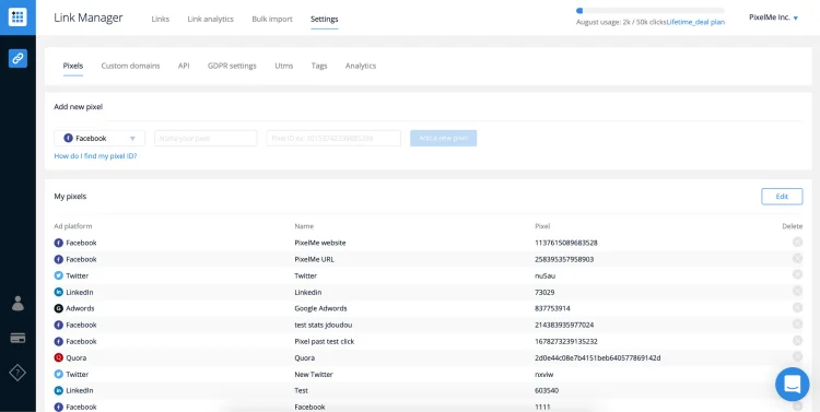 PixelMe dashboard