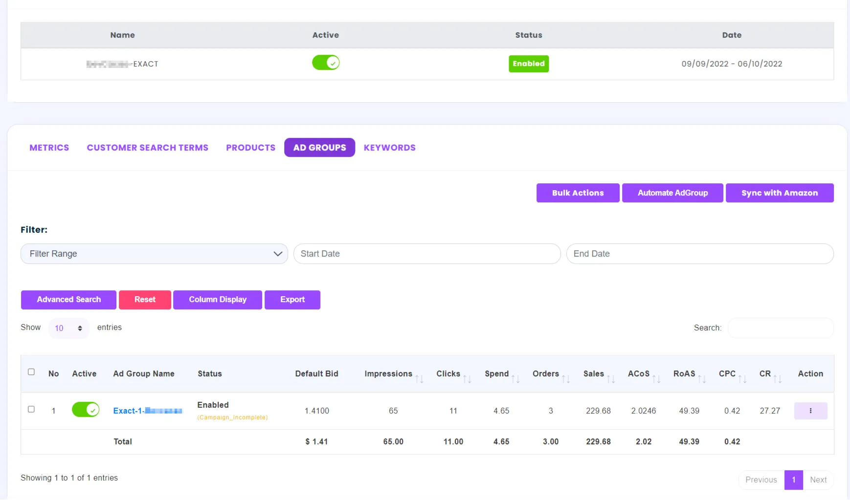 Ad Groups tab of Campaign Info via PGN