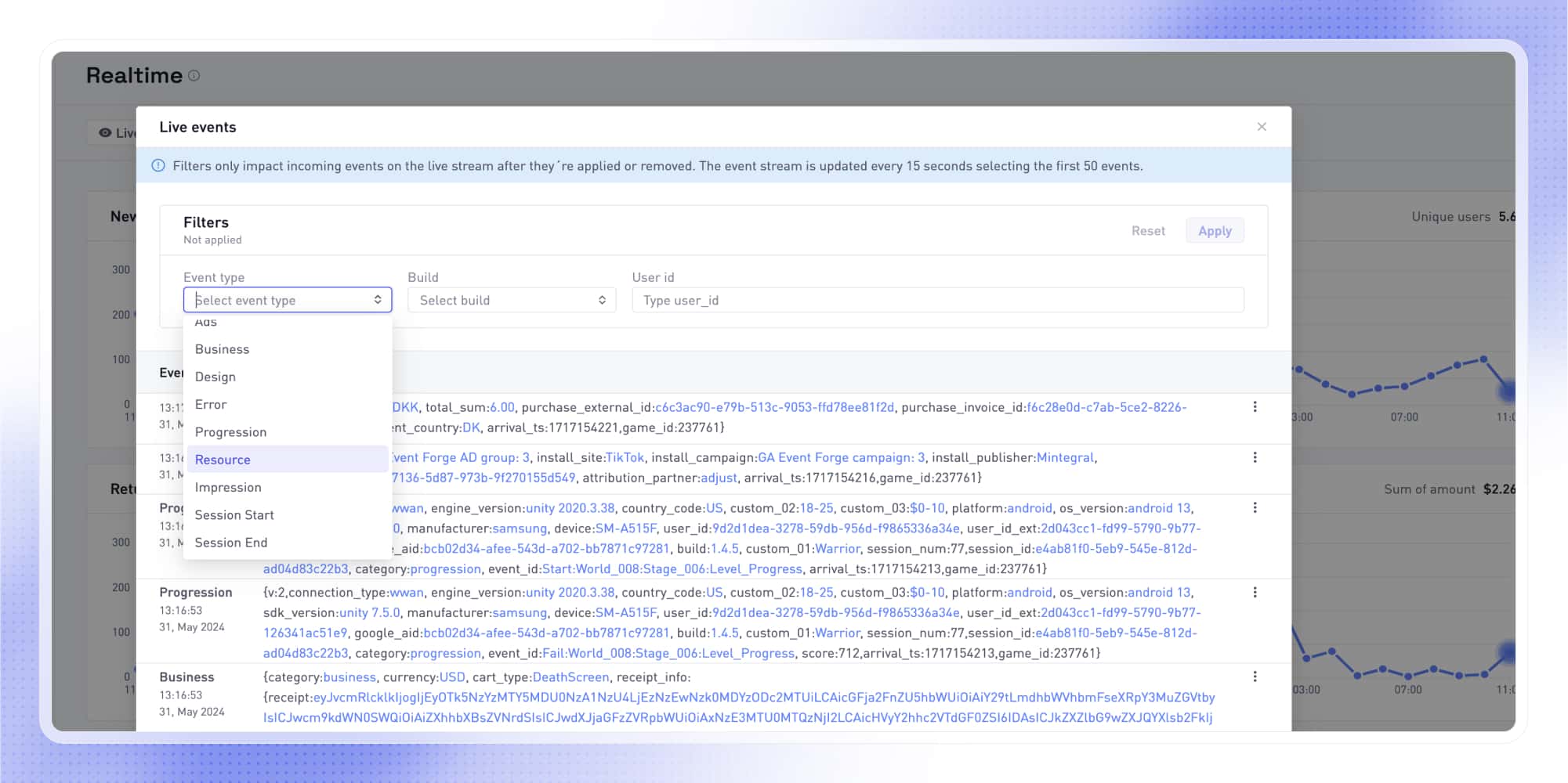 Live event filtering improvements