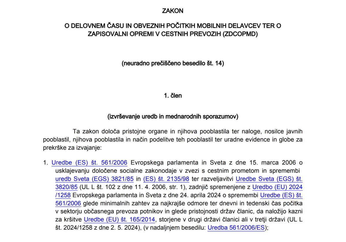 ZDCOPMD. Zakon o delovnem času in obveznih počitkih mobilnih delavcev ter o zapisovalni opremi v cestnih prevozih. Naslovna slika na spletni strani Tahografi Cuderman.