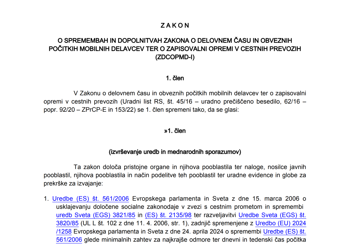 Zakon o spremembah in dopolnitvah Zakona o delovnem času in obveznih počitkih mobilnih delavcev ter o zapisovalni opremi v cestnih prevozih (ZDCOPMD-I). Naslovna slika na spletni strani Tahografi Cuderman.