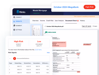 Screenshots showing the capabilities of the Flinks solution for lending organizations.