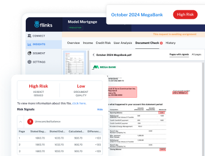 Screenshots showing the capabilities of the Flinks solution for lending organizations.