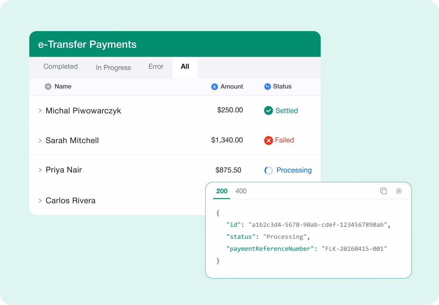 Flinks Pay e-Transfer Payments API dashboard tracking EFT transaction statuses including settled, failed, and processing payments alongside a live JSON API response