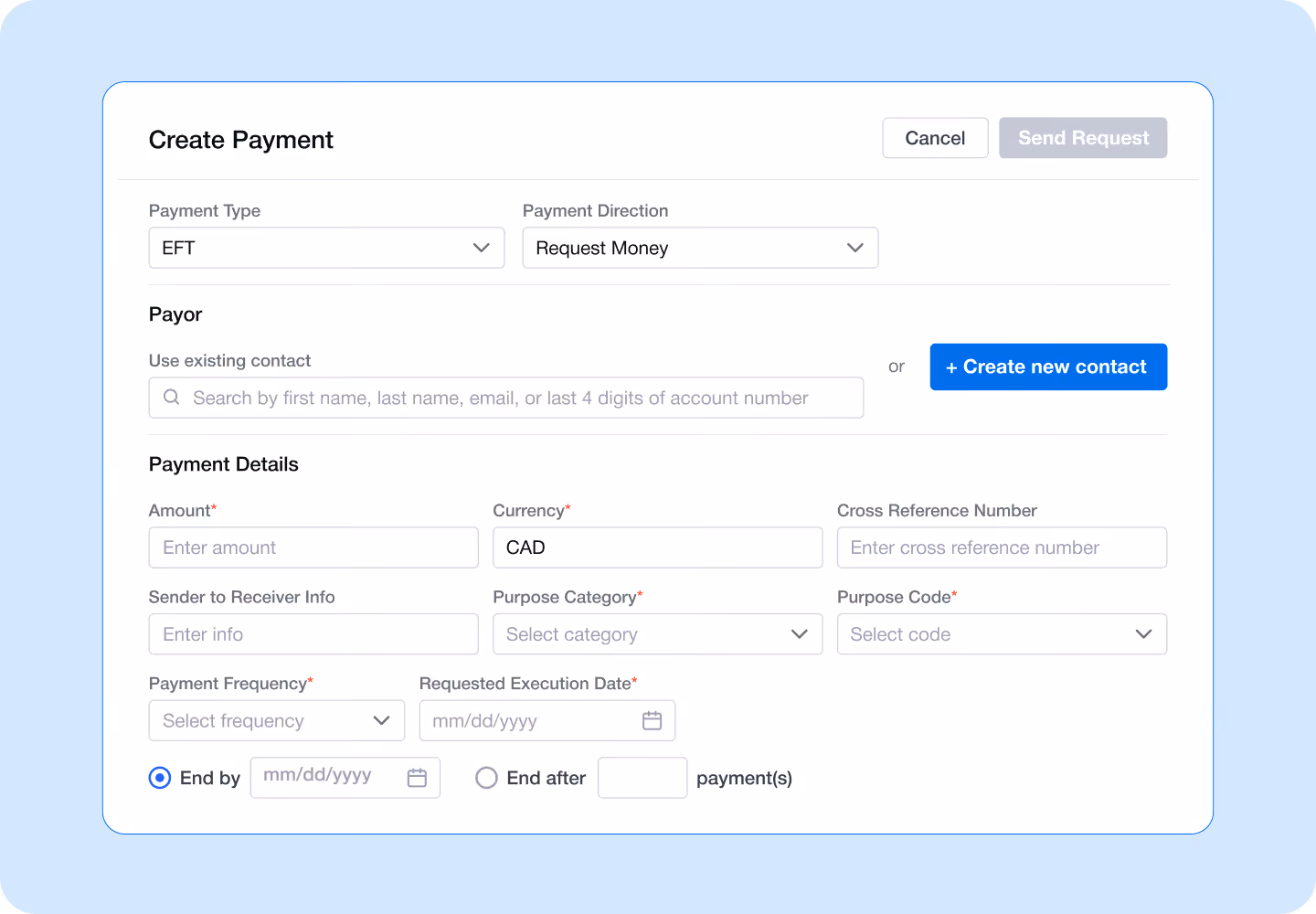 Flinks Pay EFT payment creation form showing fields for payment type, payee, amount, currency, cross-reference number, sender information, purpose category, payment personality, and requested execution date