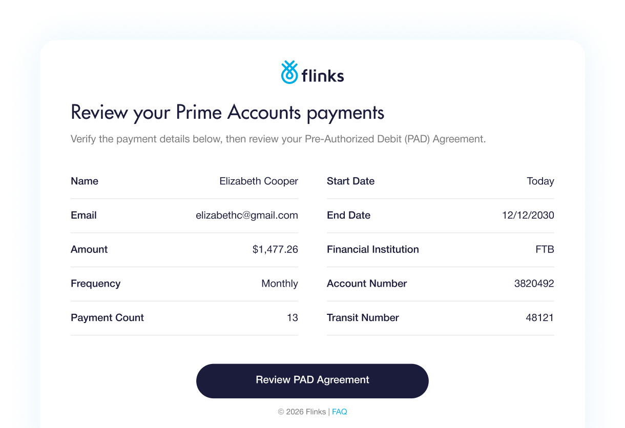 Flinks Pay Interac Request for Money UI showing a payment request form with fields for full name, email, amount, and reference number
