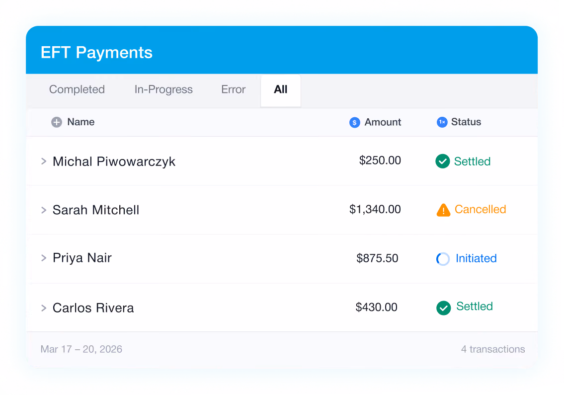 Flinks Pay Interac Request for Money UI showing a payment request form with fields for full name, email, amount, and reference number