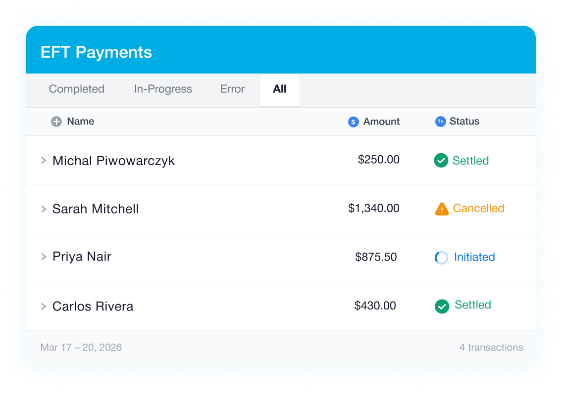Flinks Pay Interac Request for Money UI showing a payment request form with fields for full name, email, amount, and reference number