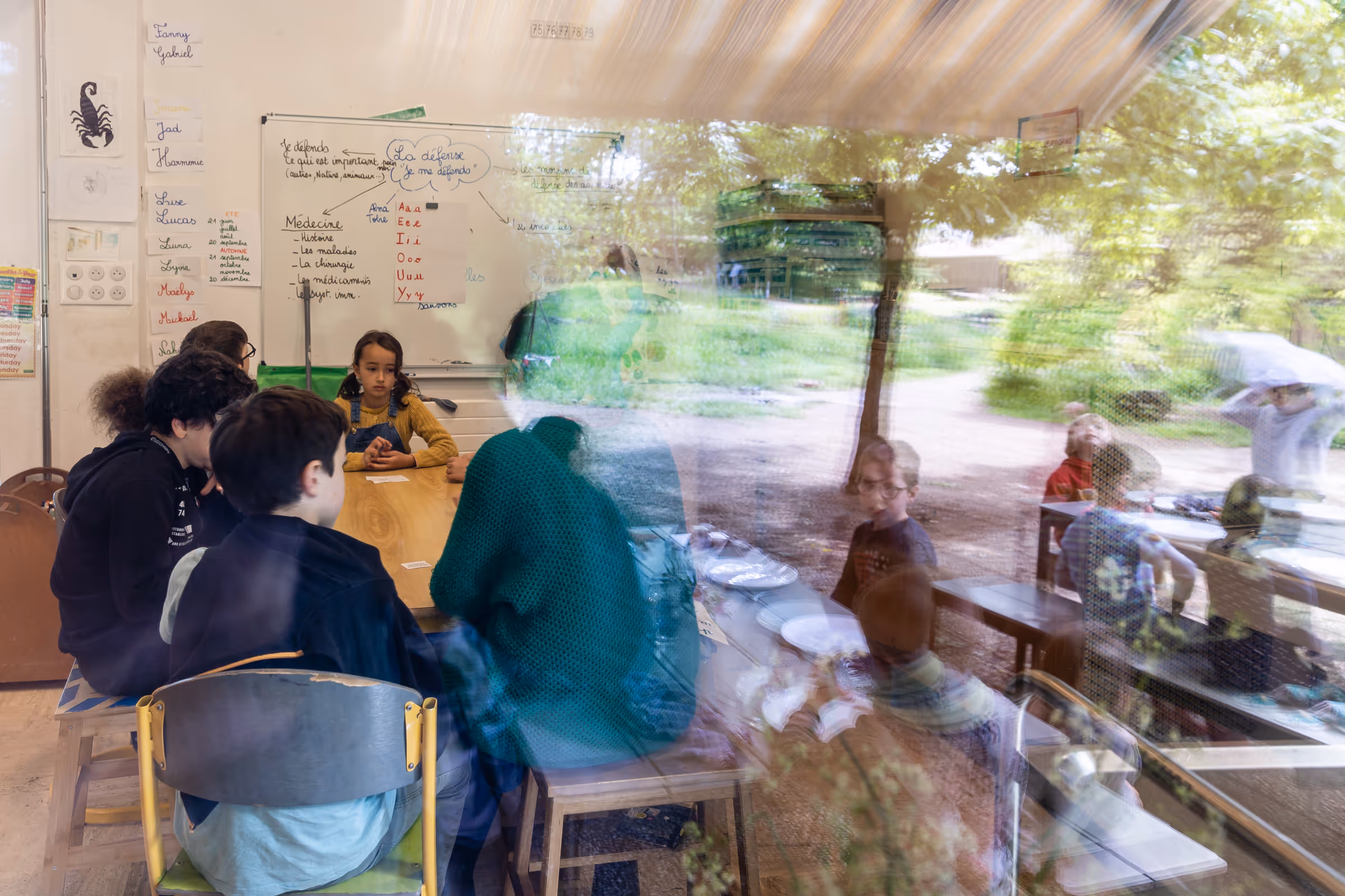 Pédagogie active en classe multi-niveaux élémentaire et déjeuner extérieur maternelle - École Le Lieu Utile