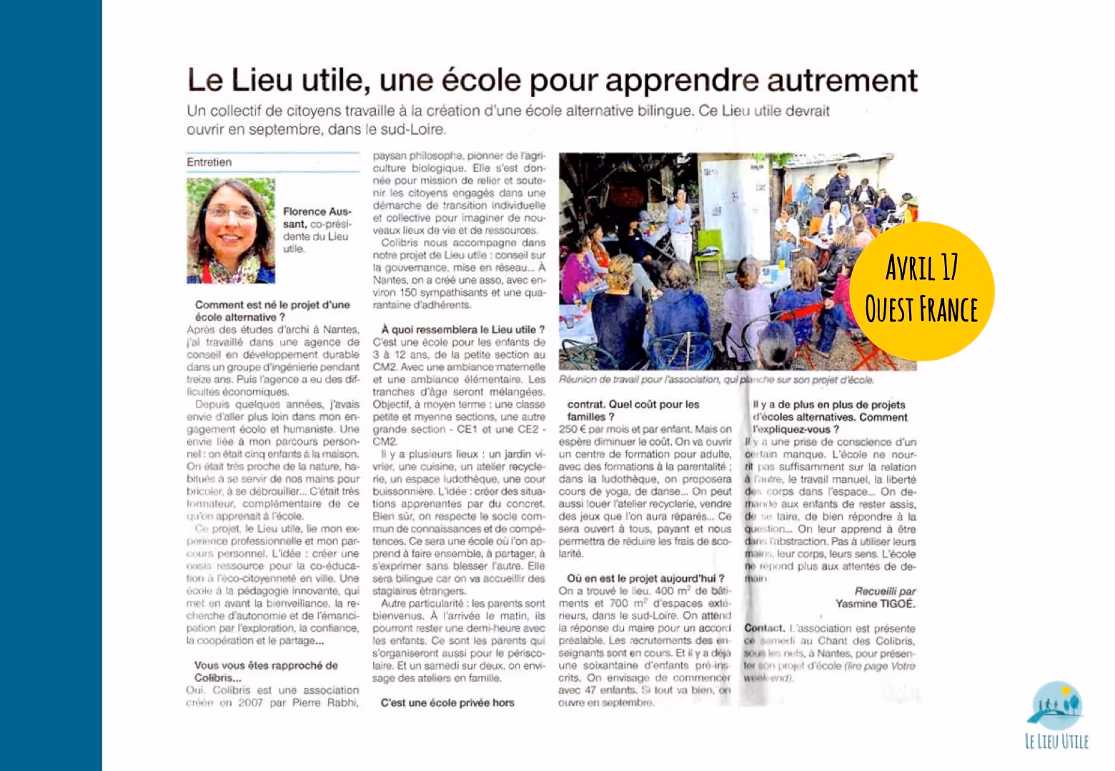 Article de presse n°2 sur Le Lieu Utile - Tiers-lieu et école alternative à Bouguenais