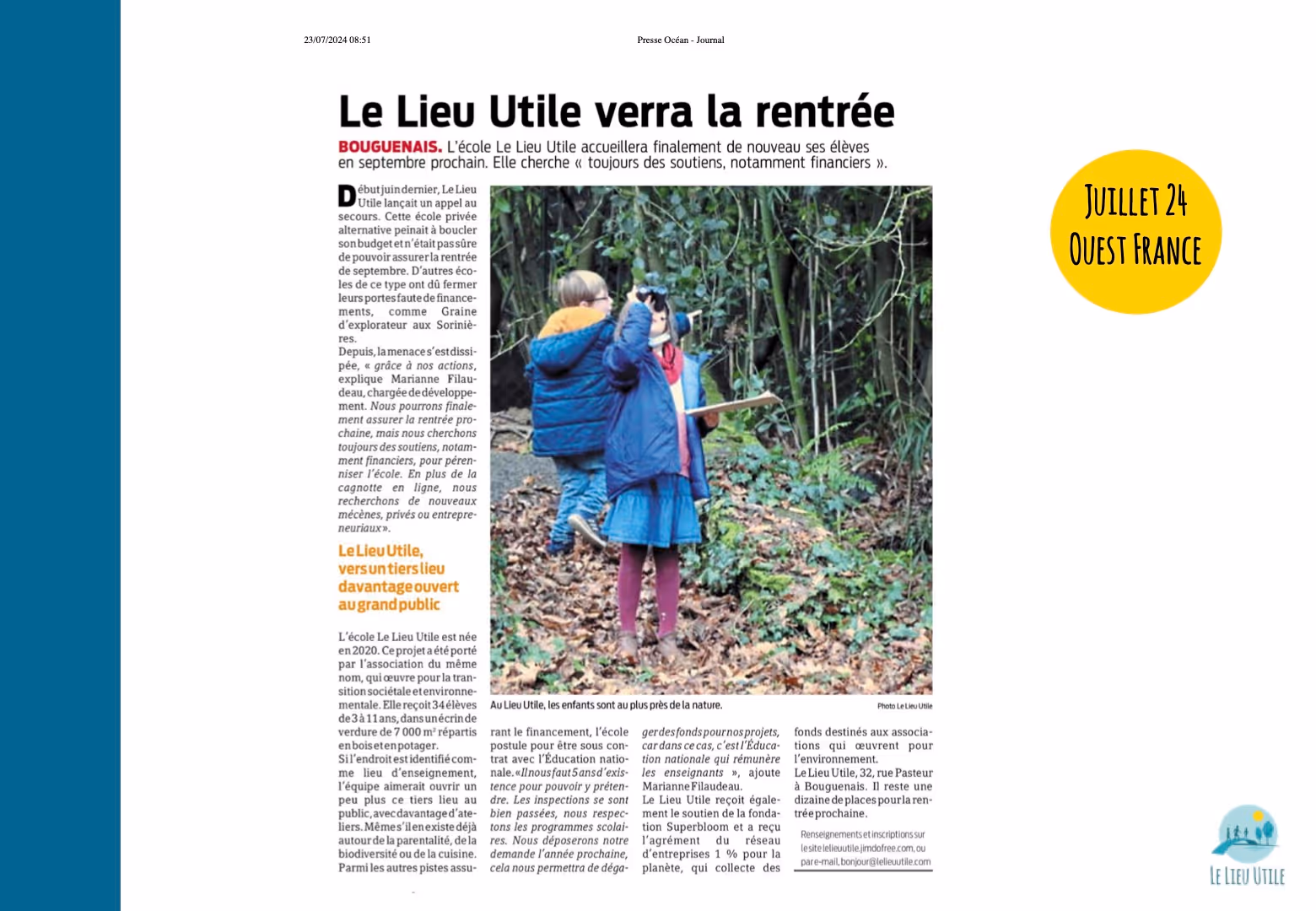 Article de presse n°15 sur Le Lieu Utile - Tiers-lieu et école alternative à Bouguenais