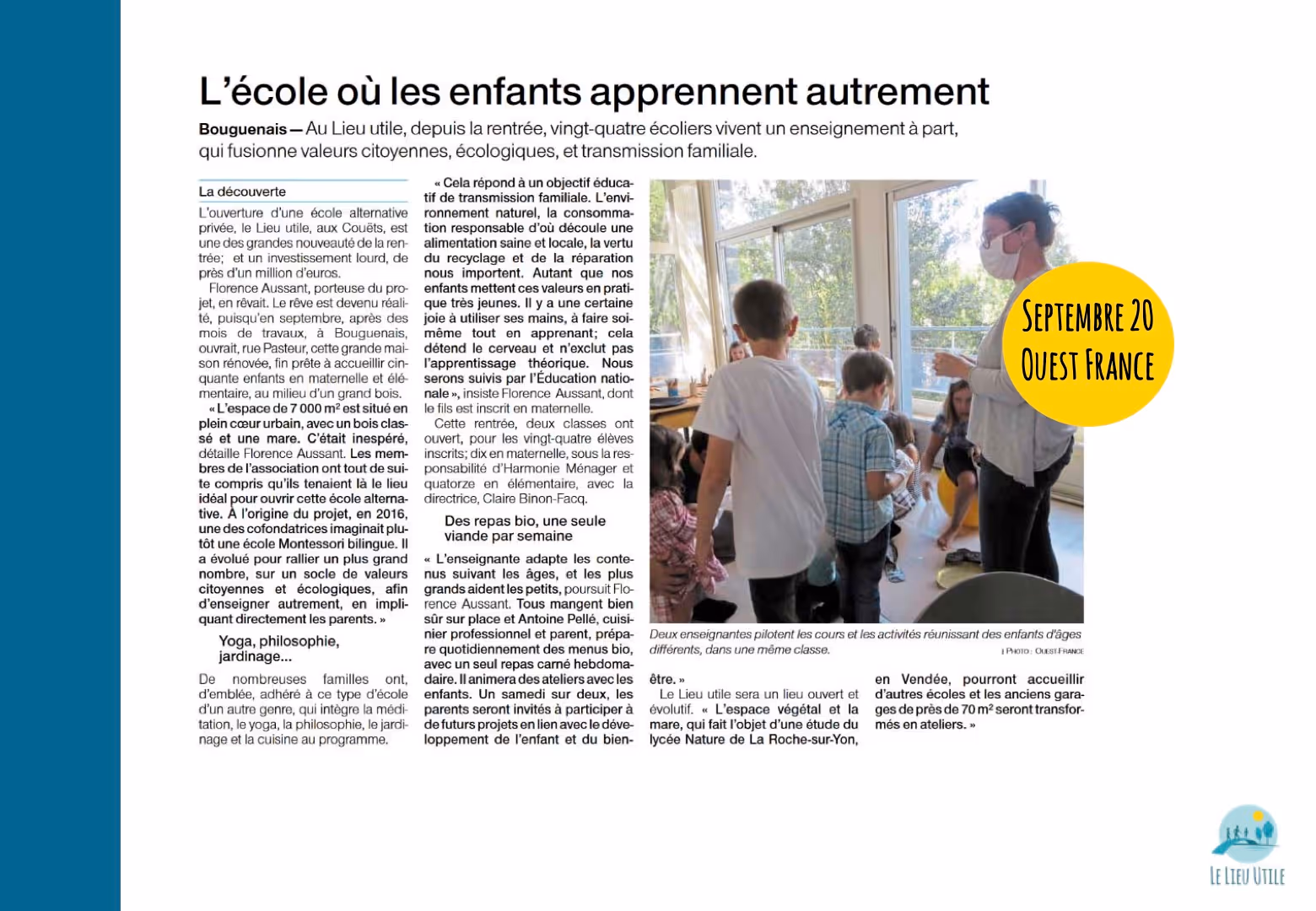 Article de presse n°4 sur Le Lieu Utile - Tiers-lieu et école alternative à Bouguenais