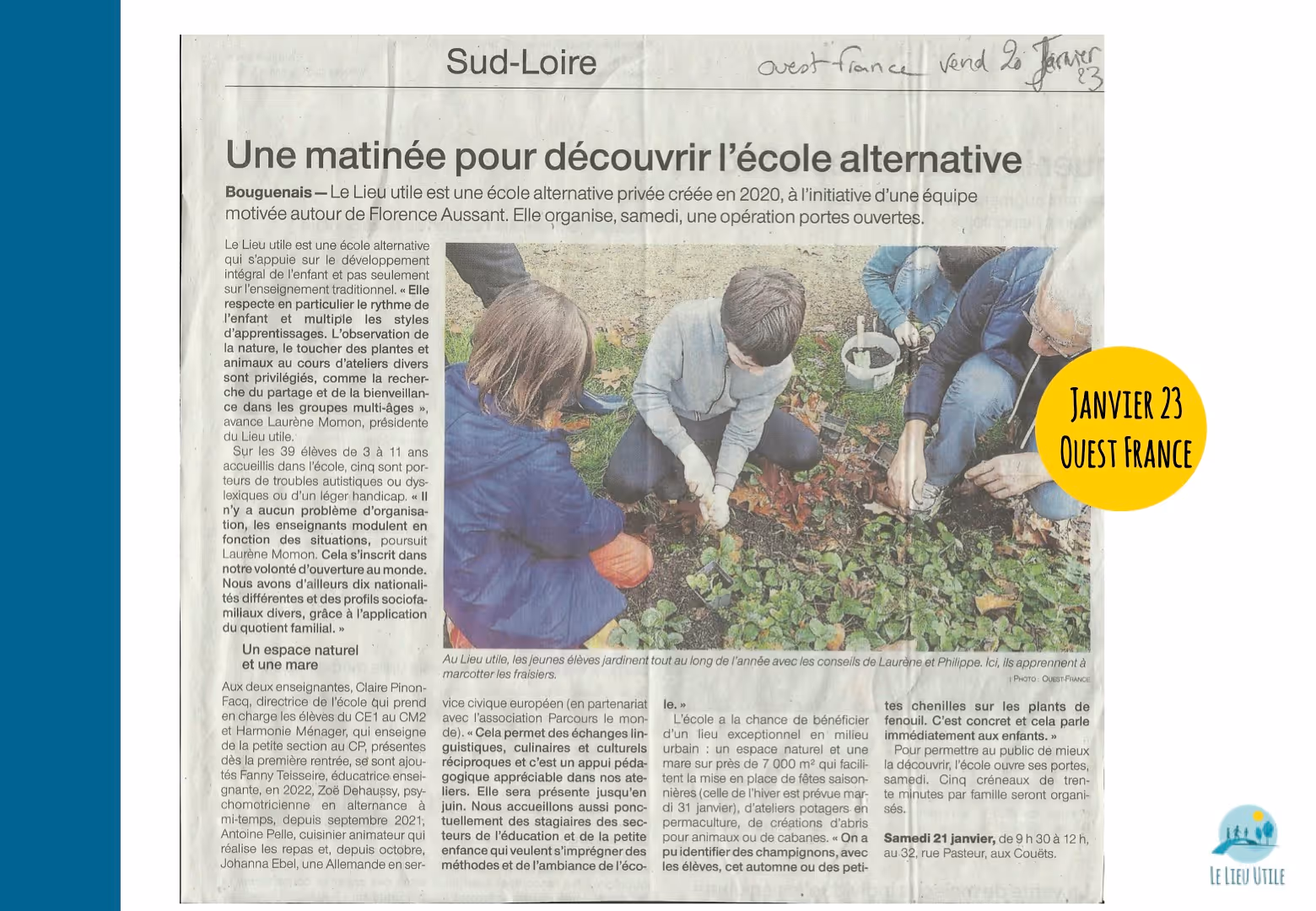 Article de presse n°12 sur Le Lieu Utile - Tiers-lieu et école alternative à Bouguenais