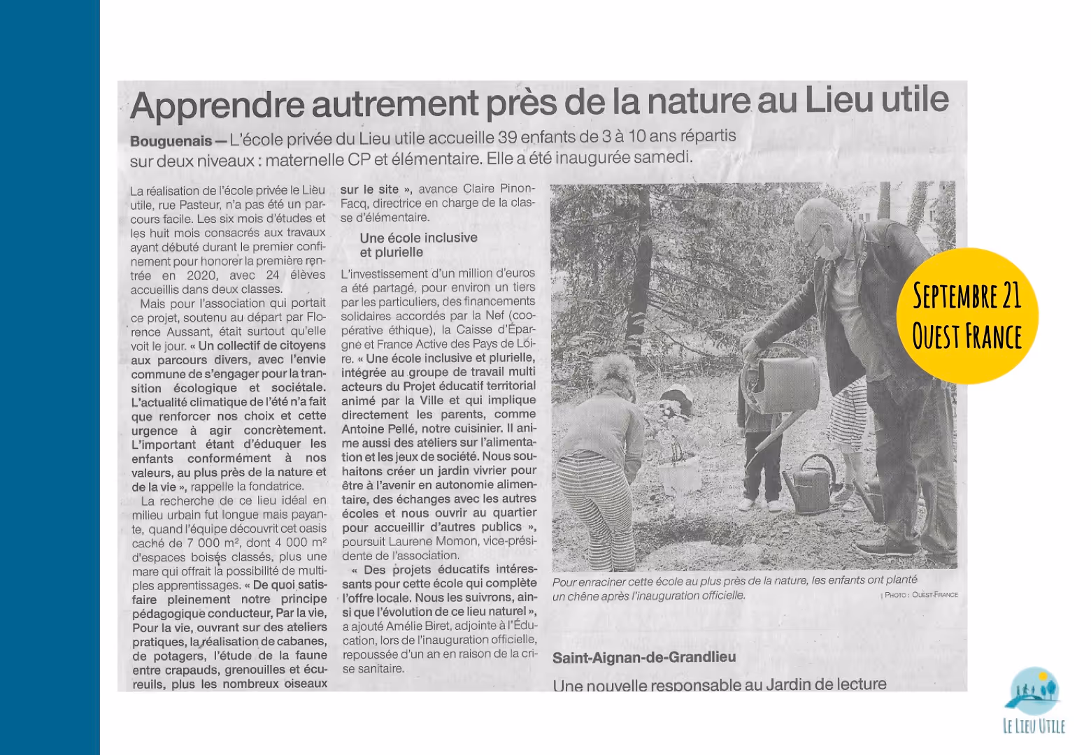 Article de presse n°7 sur Le Lieu Utile - Tiers-lieu et école alternative à Bouguenais