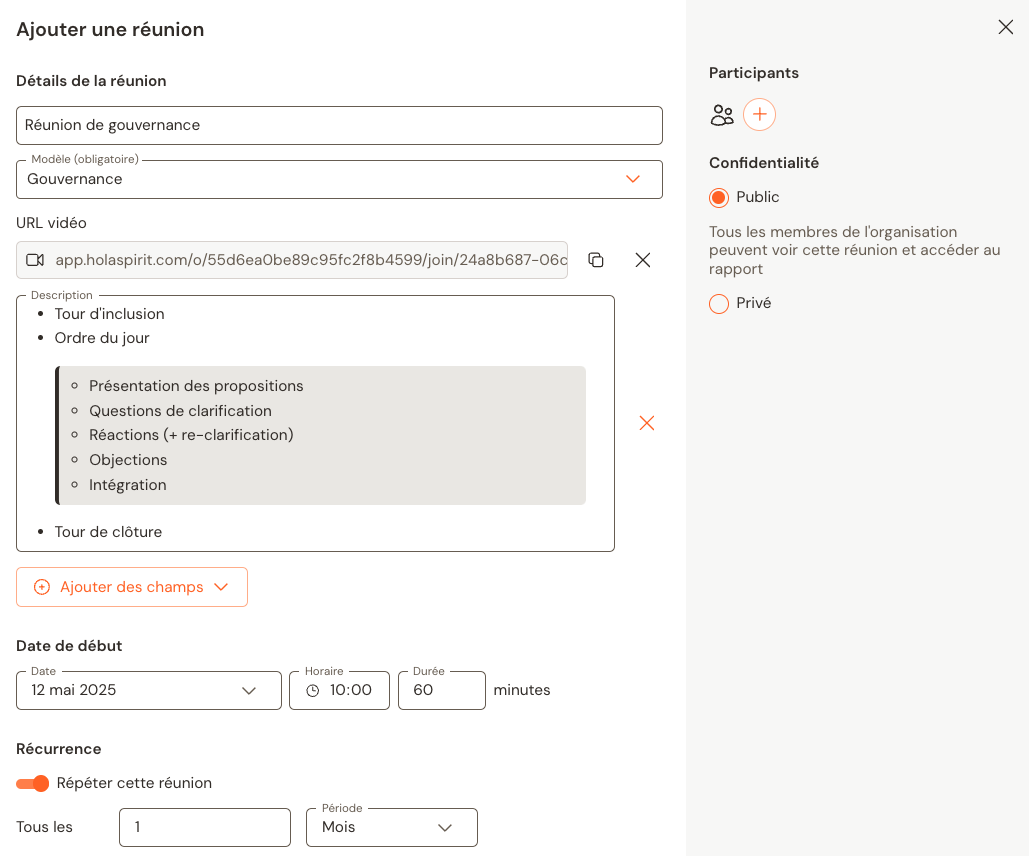 Création d'une réunion de gouvernance sur Talkspirit