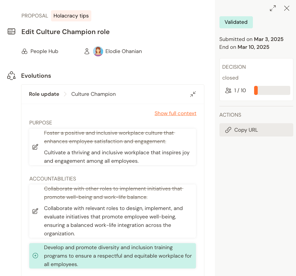 Validating a proposal on Talkspirit to change a role’s purpose and accountabilities