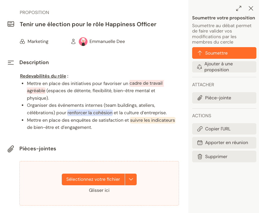 Soumission d’une proposition d’élection d’un nouveau rôle via un processus de décision par consentement