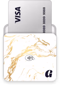 White and gold marbled contactless payment terminal with a partially inserted silver Visa card.