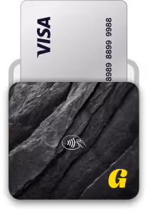 Hand holding a Visa card above a black wallet with a contactless payment symbol and a yellow G logo.