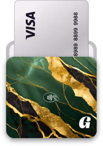 Green and gold marbled card with contactless payment symbol partially inserted into a silver Visa card sleeve.