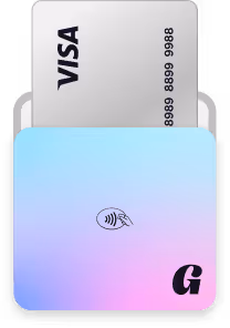 Silver Visa card partially inserted in a gradient pastel cardholder with a contactless payment symbol and a stylized letter G.