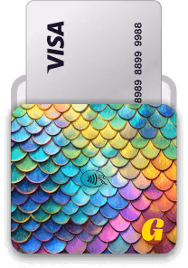 Colorful wallet with a scale pattern holding a partially visible Visa credit card.