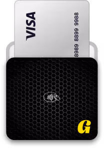 White Visa card partially inserted into a black card reader with a honeycomb pattern and a yellow letter G logo.