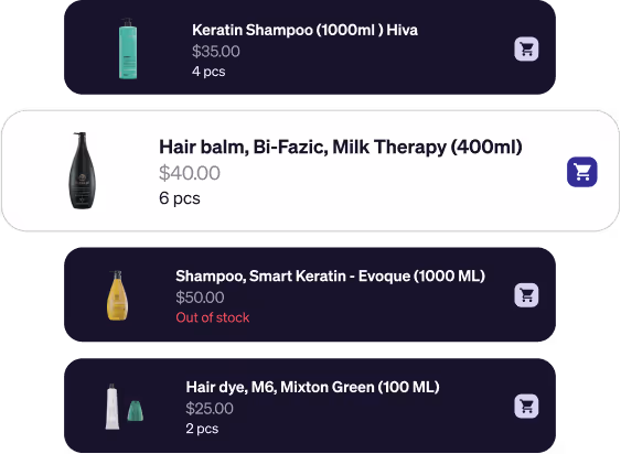 Inventory list showing four hair salon products with images, names, prices, quantities, and shopping cart icons, including keratin shampoo, hair balm, keratin shampoo Smart Keratin marked out of stock, and green hair dye.