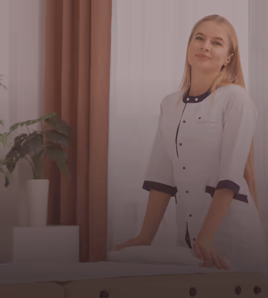 Smiling woman in a white uniform standing beside a massage table in a softly lit room with plants and curtains.