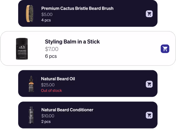 Product list showing a premium cactus bristle beard brush for $5 with 4 pieces, styling balm in a stick for $7 with 6 pieces, natural beard oil priced at $25 and marked out of stock, and natural beard conditioner for $10 with 2 pieces.