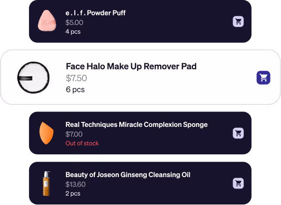 Product inventory list showing e.l.f. Powder Puff $5.00 4 pcs, Face Halo Make Up Remover Pad $7.50 6 pcs with add to cart icon, Real Techniques Miracle Complexion Sponge $7.00 out of stock, and Beauty of Joseon Ginseng Cleansing Oil $13.60 2 pcs.