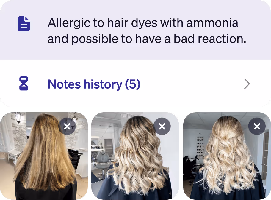 Hair salon client management app screen showing a note about allergy to ammonia hair dyes and three photos of blonde hair with different styles from back view.