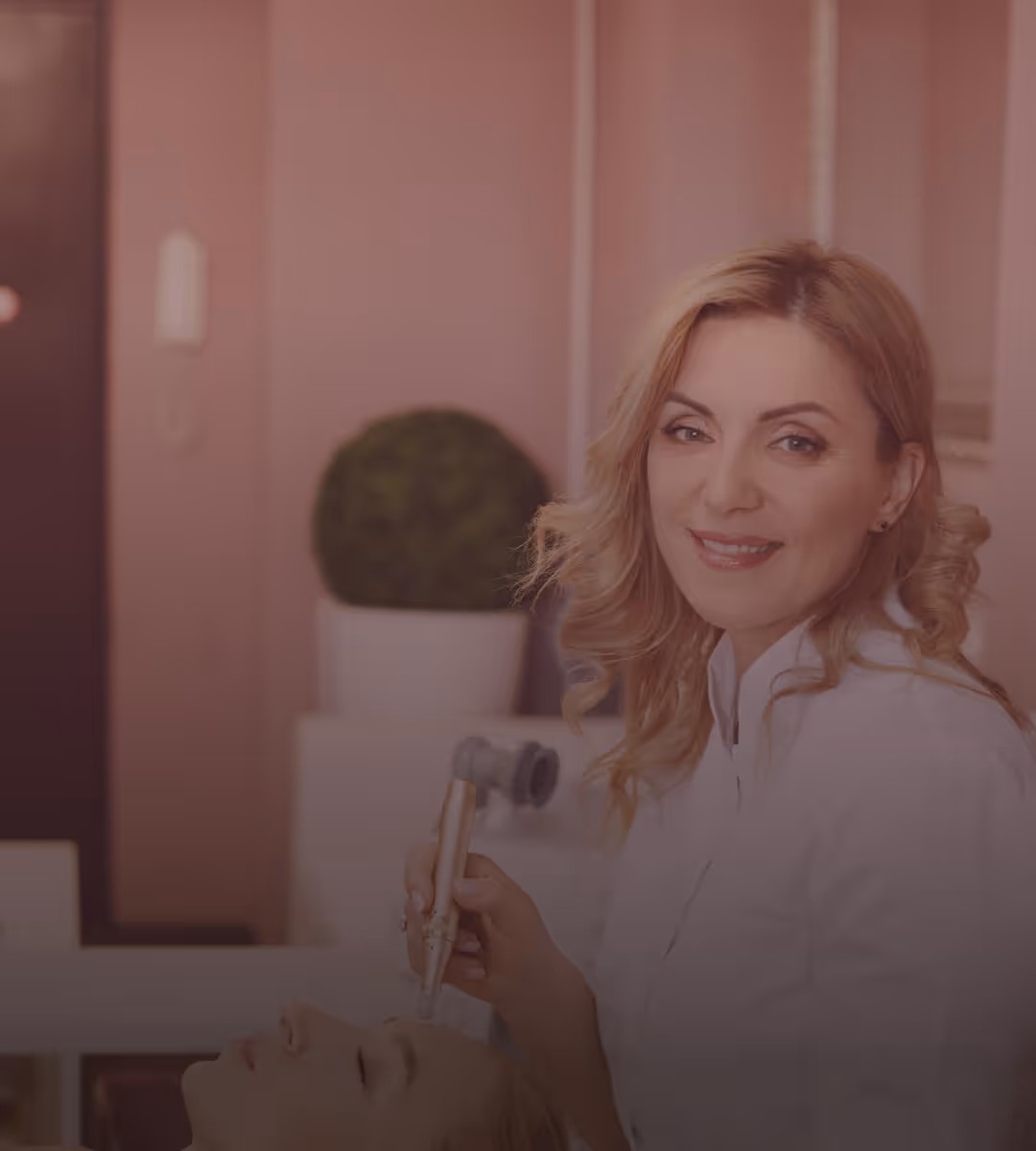 A smiling woman in a white coat using a microdermabrasion tool on a client's face in a spa setting.