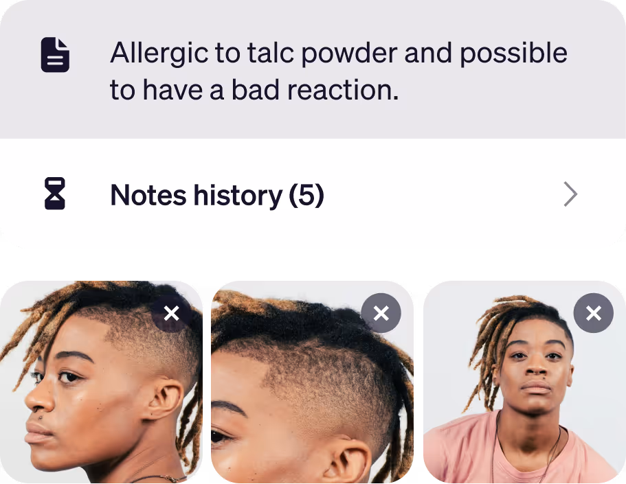 User interface showing a note stating allergy to talc powder and a notes history section with five entries, alongside three profile images of a person with dreadlocks and an undercut hairstyle.