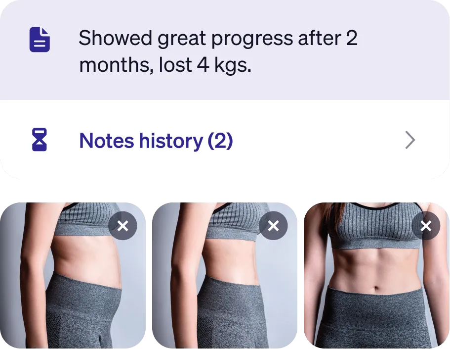 Progress note showing weight loss of 4 kgs in 2 months with three side-by-side photos of a woman’s torso demonstrating slimming and muscle toning.
