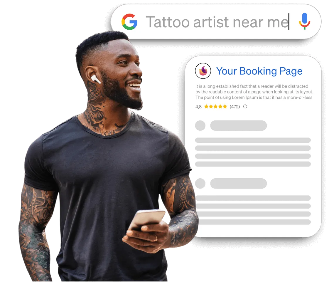 Tattooed man smiling and holding a phone with a Google search bar showing 'Tattoo artist near me' and a sample booking page with a rating and review summary.