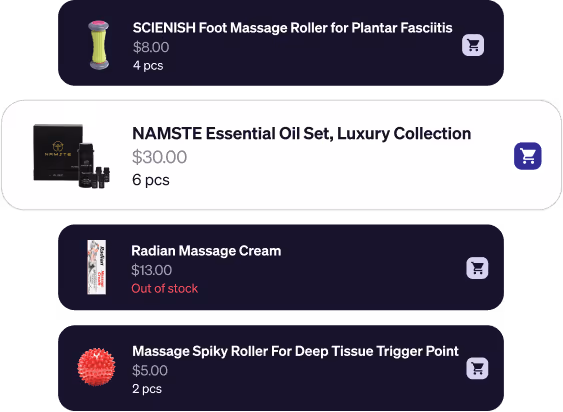 Four massage product listings: foot massage roller, essential oil set, massage cream labeled out of stock, and spiky roller.