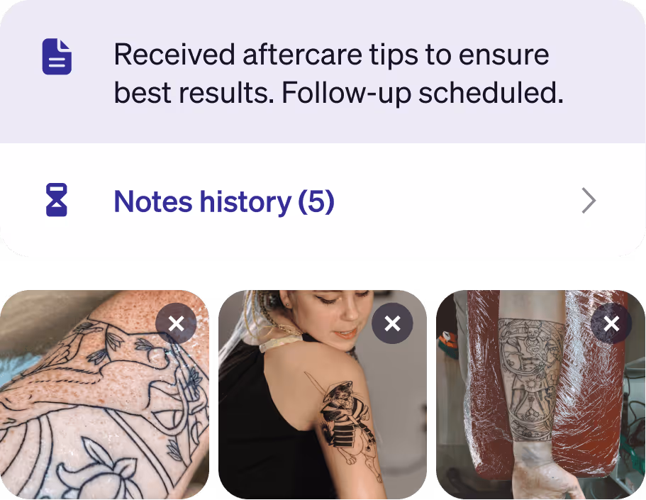 Tattoo client management interface showing a note about aftercare tips and follow-up, with three tattoo images including an outlined horse tattoo, a woman with a black ink samurai tattoo on her arm, and a freshly wrapped arm tattoo with detailed line work.