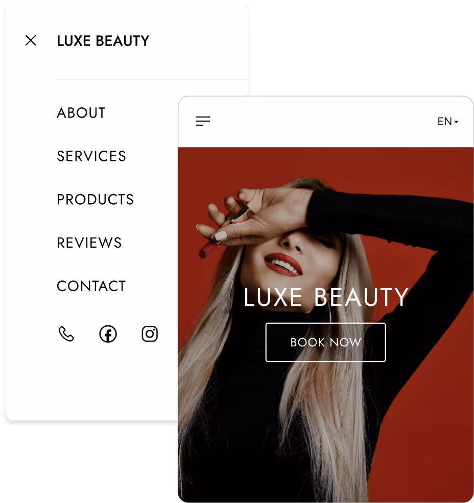 Mobile interface of Luxe Beauty online booking app showing a menu with About, Services, Products, Reviews, Contact, and social icons alongside a homepage featuring a woman with long blonde hair and red lipstick against a red background with a Book Now button.