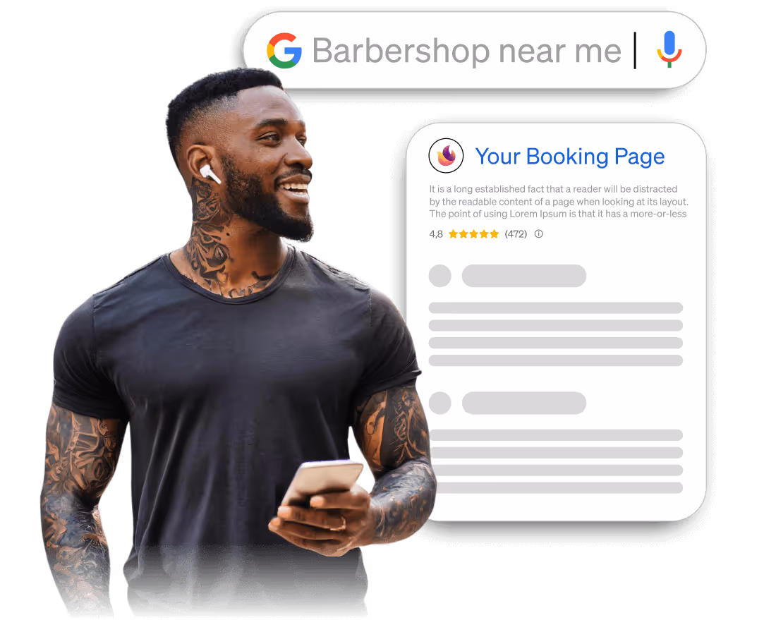 Smiling tattooed man holding a smartphone with Google search bar showing 'Barbershop near me' and a booking page rating overlay.