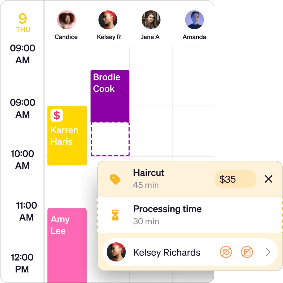 Appointment schedule showing time slots from 9:00 AM to 12:00 PM on Thursday the 9th, with four staff members Candice, Kelsey R, Jane A, and Amanda, and bookings for Karren Haris, Brodie Cook, and Amy Lee. Details of a haircut appointment for Kelsey Richards with a $35 price and 45 minutes duration plus 30 minutes processing time are highlighted.