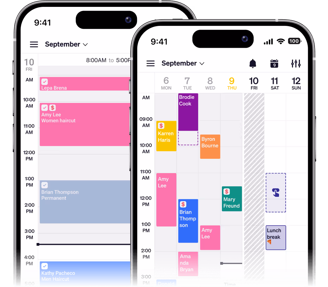 Two smartphones showing a colorful appointment scheduling calendar with multiple time slots booked by clients for various haircuts and services.