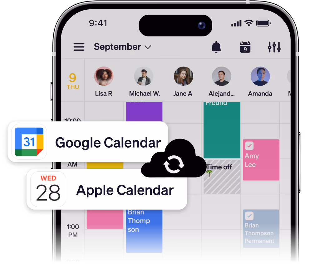 Smartphone screen showing a calendar app with color-coded events and a synchronization icon between Google Calendar and Apple Calendar labels.