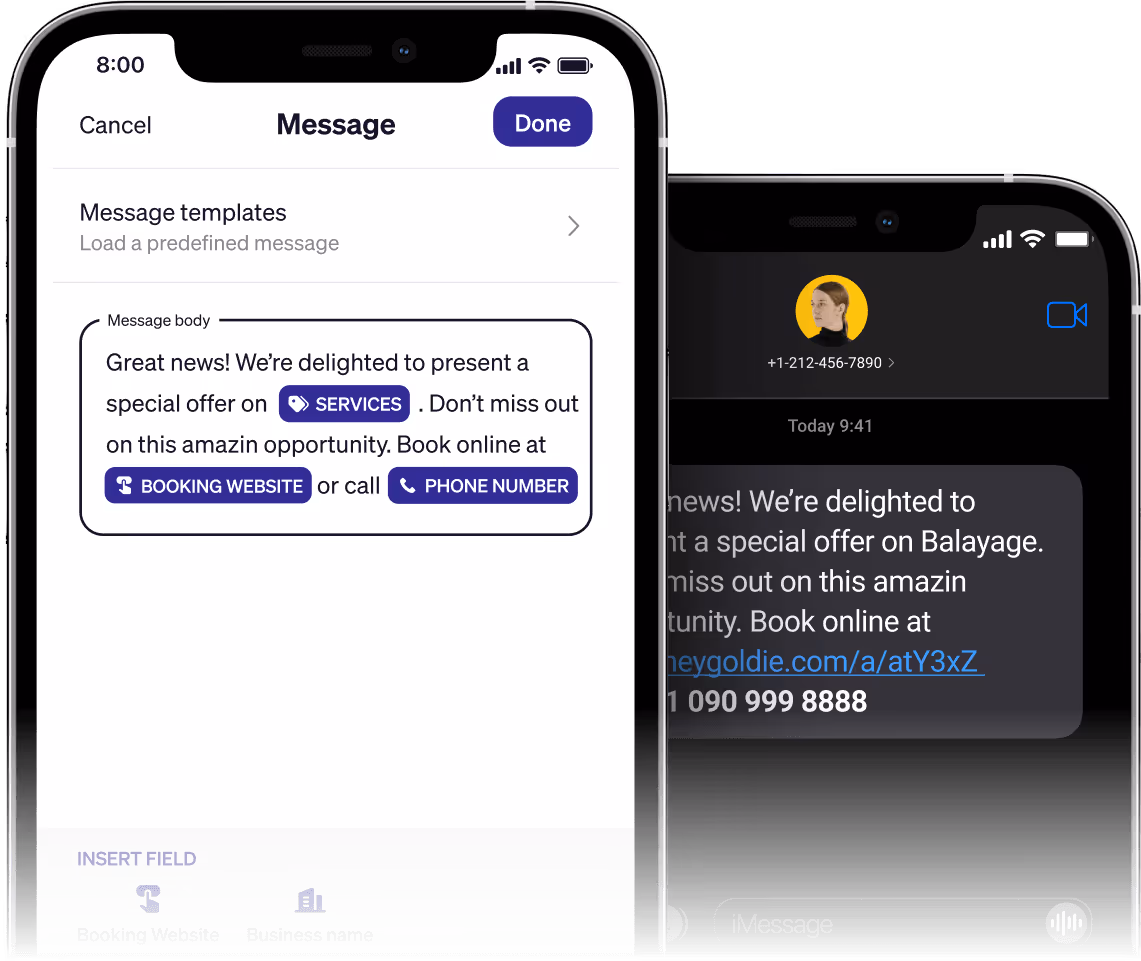Two smartphones displaying a messaging app; one shows a message template editor with placeholders for services, booking website, and phone number, the other shows a sent message preview with a special offer booking link and phone number.