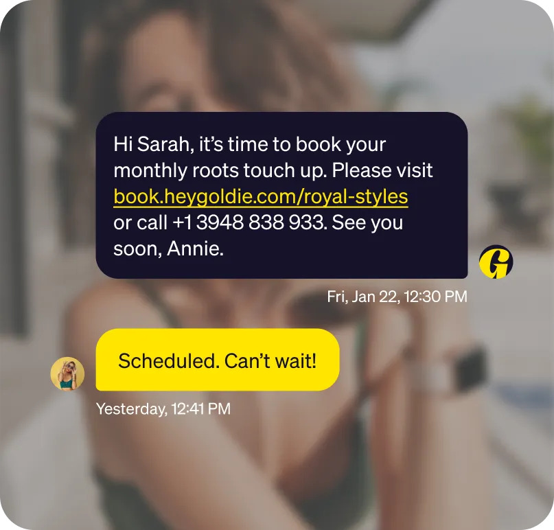 Text message conversation about booking a monthly roots touch-up with a link and phone number, followed by a confirmation reply saying, 'Scheduled. Can't wait!'
