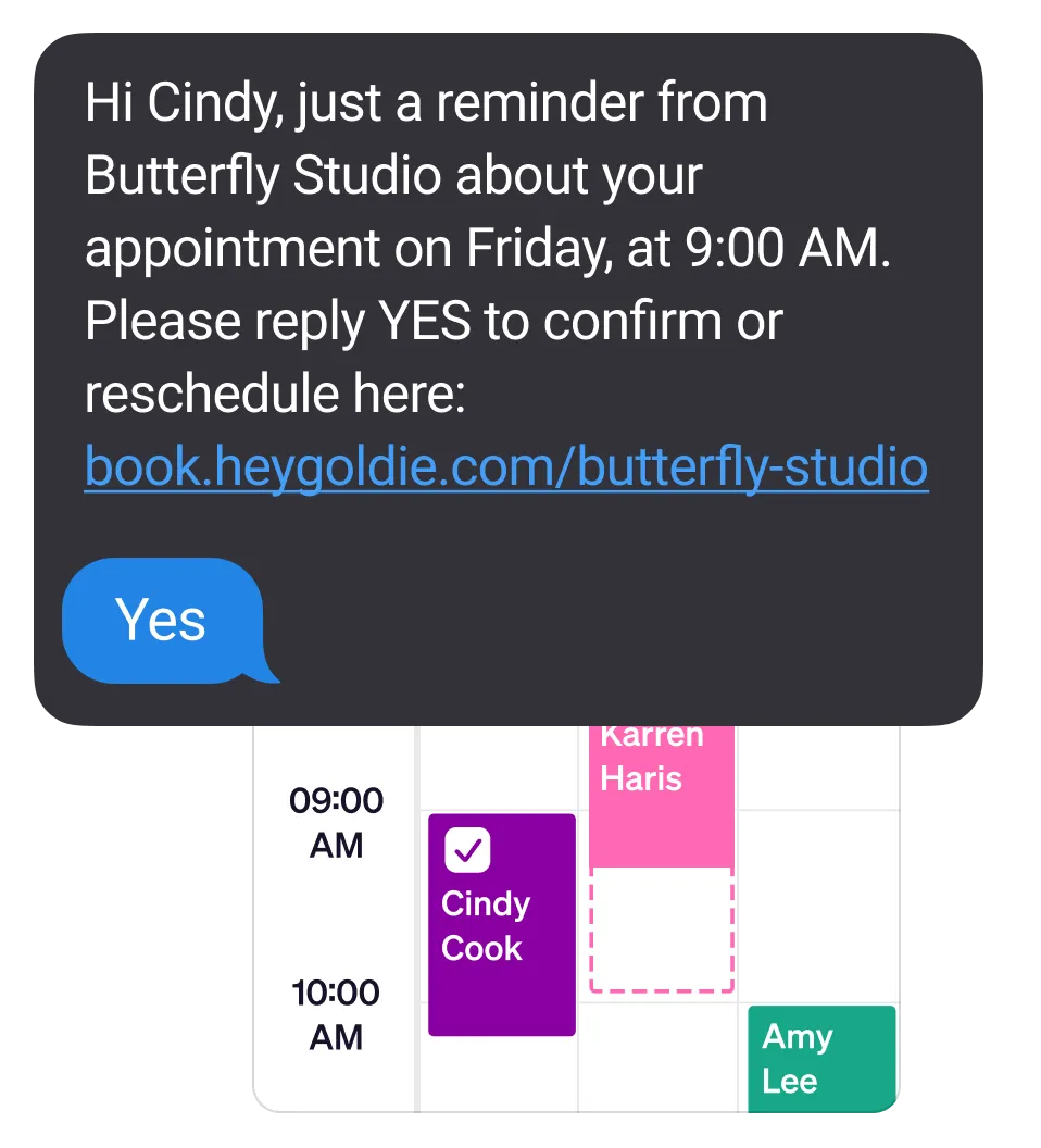 Text message reminding Cindy of a 9:00 AM appointment at Butterfly Studio on Friday, with a link to confirm or reschedule and a calendar showing Cindy Cook booked at 9:00 AM.