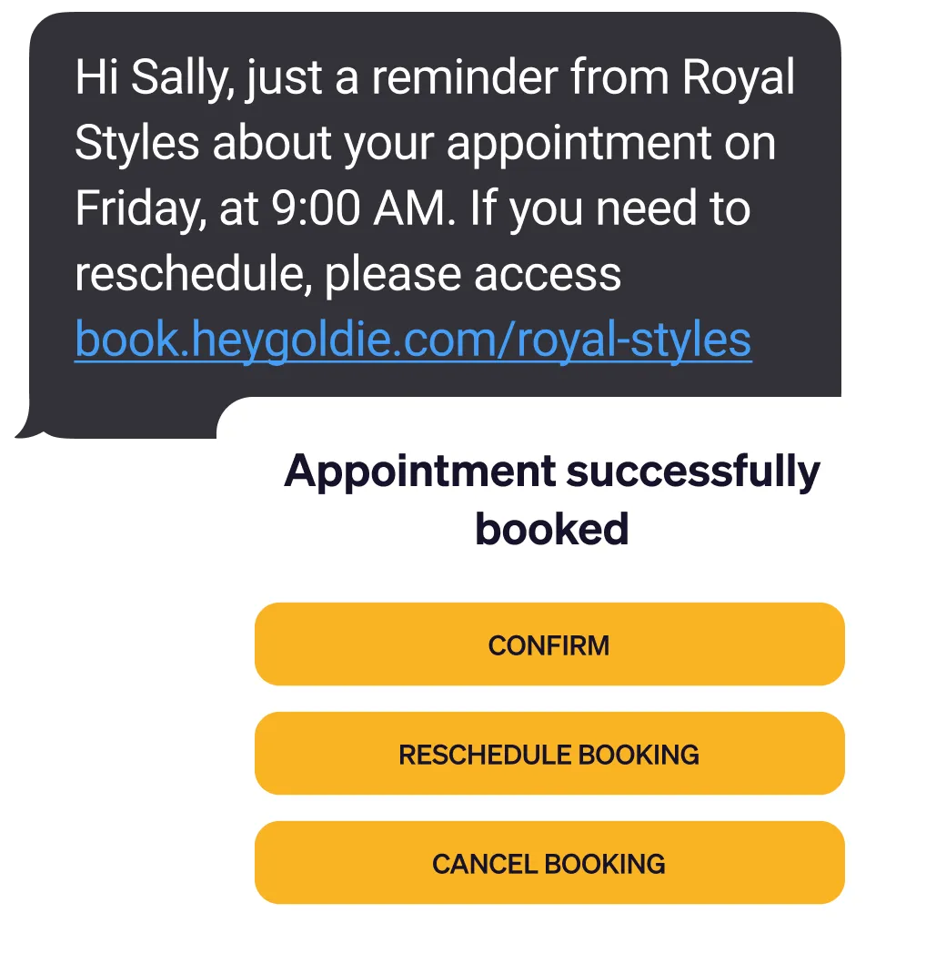 Notification reminder from Royal Styles about an appointment on Friday at 9:00 AM with options to confirm, reschedule, or cancel booking.