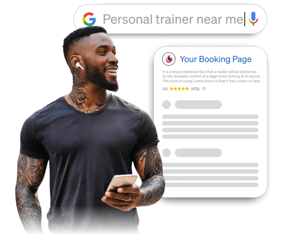Smiling tattooed man wearing wireless earbuds holding a smartphone next to a search bar with 'Personal trainer near me' typed and a booking page preview with a 4.8-star rating.
