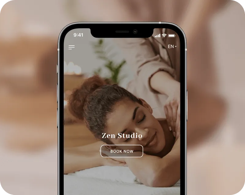 Smartphone displaying a massage booking app with a woman receiving a relaxing shoulder massage and a 'Book Now' button.